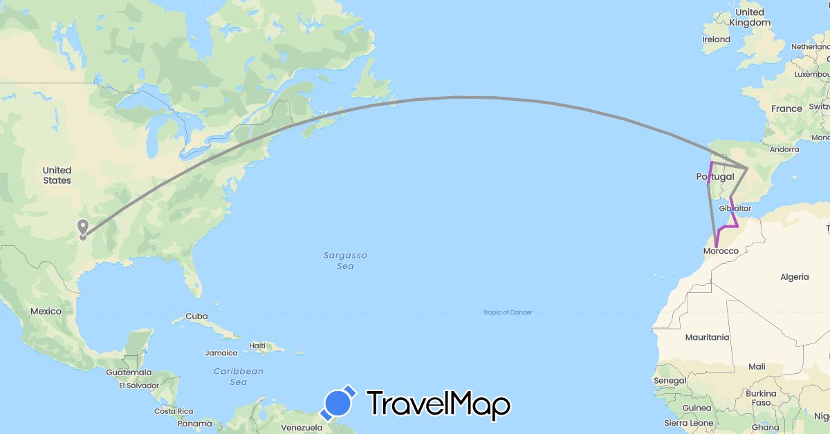 TravelMap itinerary: bus, plane, train, boat in Spain, Morocco, Portugal, United States (Africa, Europe, North America)