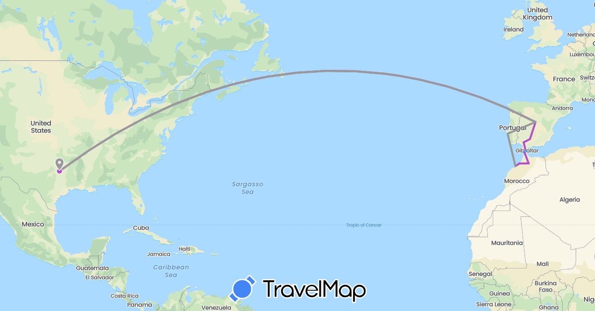 TravelMap itinerary: plane, train, boat in Spain, Morocco, Portugal, United States (Africa, Europe, North America)